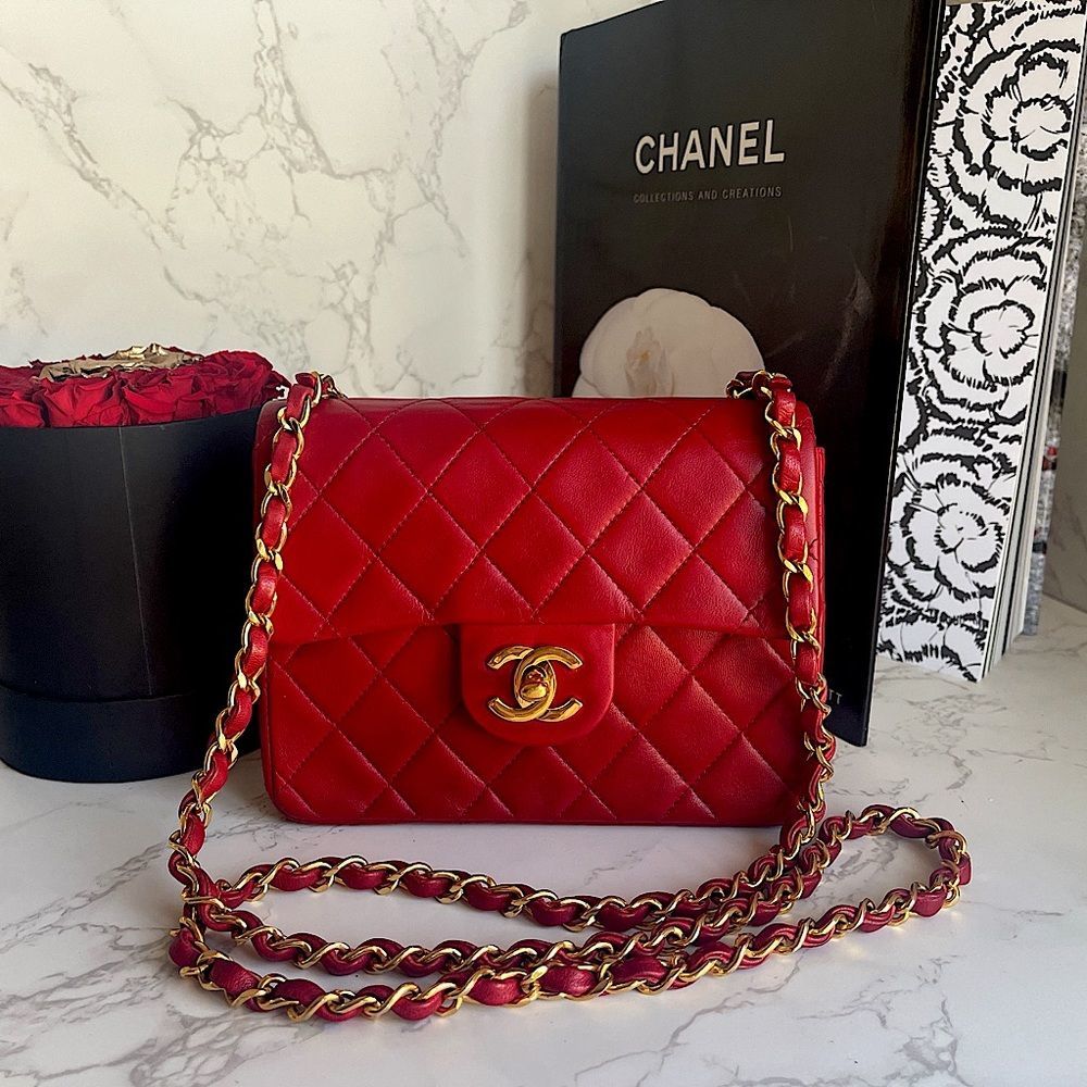 CHANEL Quilted Red Lambskin Classic Flap Crossbody Bag with Gold Hardware